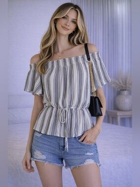 Abercrombie & Fitch Off Shoulder Top Striped Peplum Blouse Summer Boho | Size XS